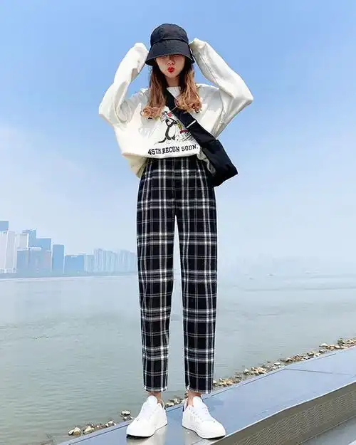 格子哈伦裤宽松