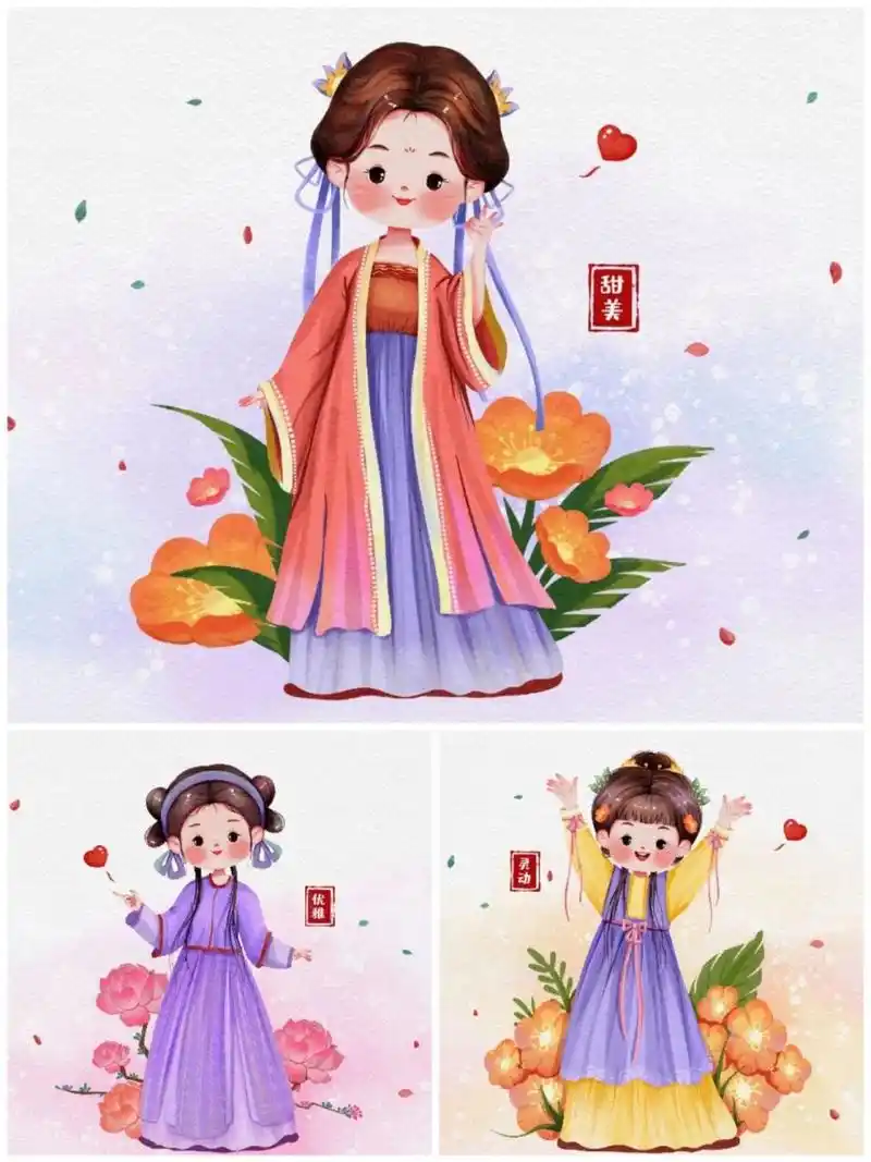 今天分享一组五颜六色的古风人物手绘插画,可可爱爱汉服女孩太美好啦