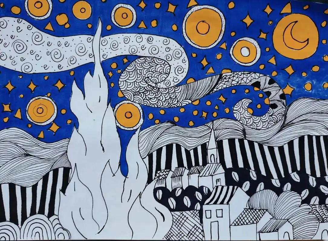 梵高的星空|创意儿童画 适合七岁以上小朋友绘画～ 有课件呦～ - 抖音
