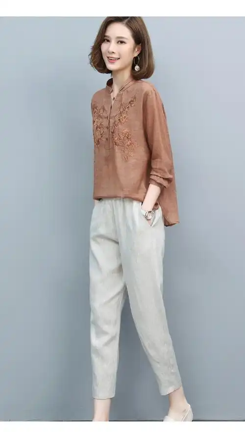 罗蒙特价捡漏棉麻套装2022新款春夏中年妈妈夏装苎麻亚麻两件套洋气中