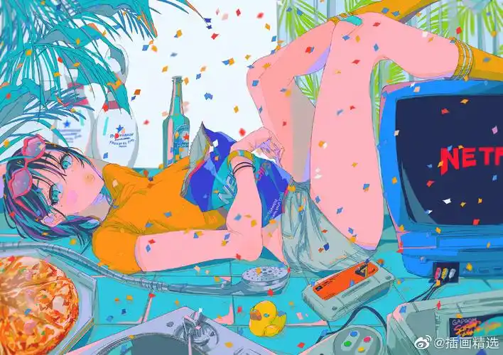 插画师najuco的一组少女插画,作品采用霓虹灯般缤纷的色彩