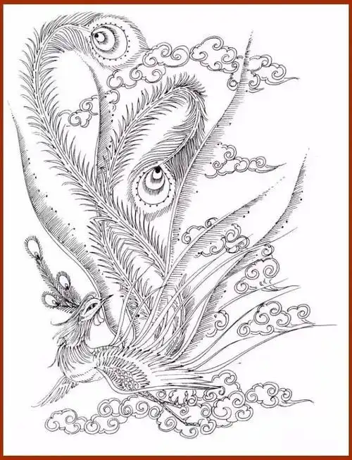 素材| 一组优美的凤凰白描线稿18图
