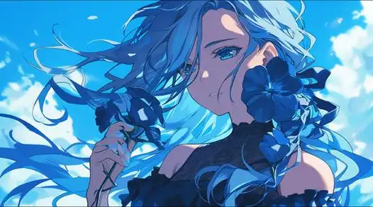 发蓝天蓝裙阴云密布的天空,一个在海边踏浪的白裙动漫少女好看桌面