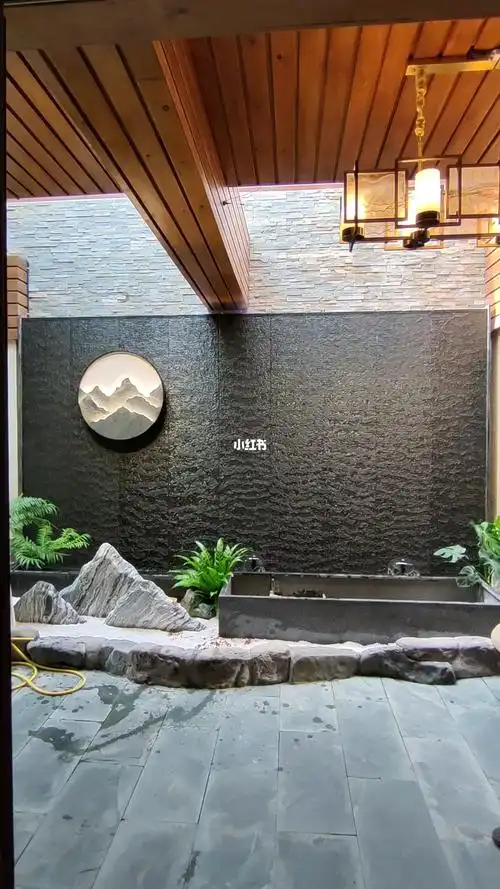 简约大气水幕墙石材流水墙酒店餐厅茶室水景