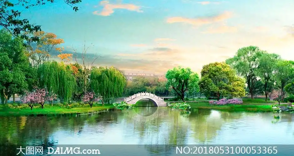 公园里小桥流水美景摄影图片