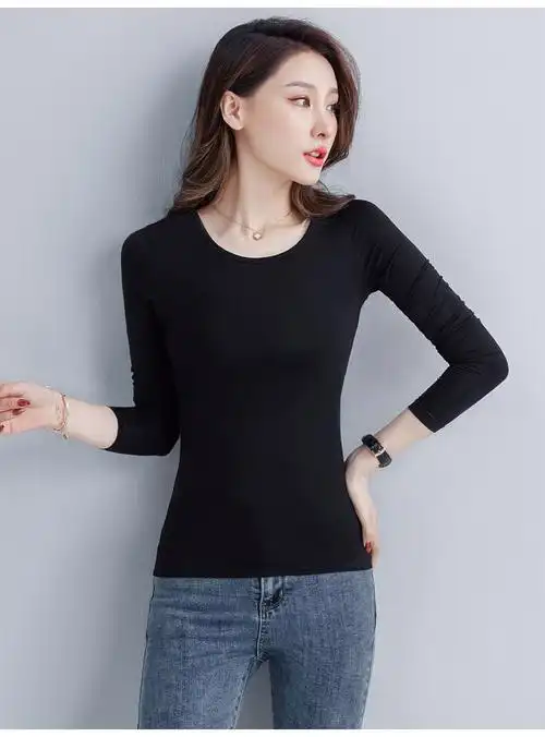 莫代尔打底衫女薄款修身圆领长袖t恤黑色百搭外穿贴身ins上衣秋衣sn