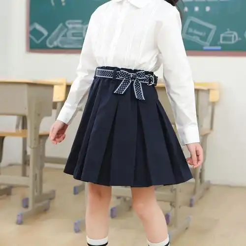 英伦蝴蝶结织带淑女百褶裙藏青半身裙女童裙子中大童学生校服短裙