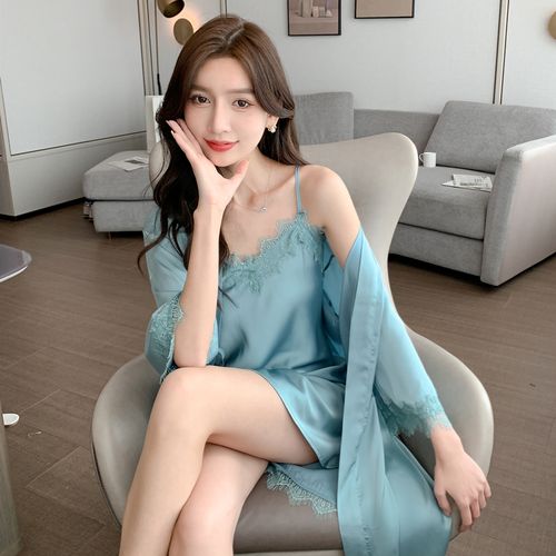 莫代尔高端吊带睡裙睡袍两件套女春秋冰丝大码性感夏季薄款真丝绸睡衣