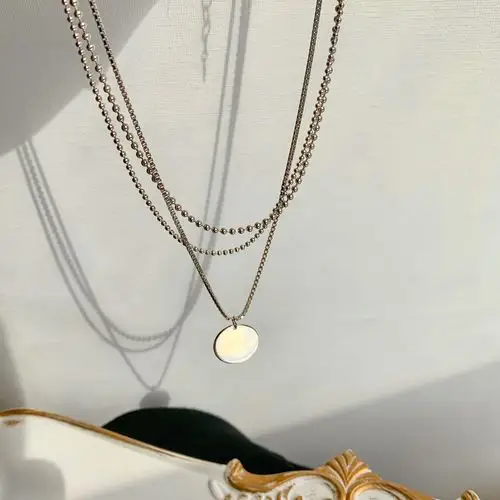 为晚三层圆片项链纯银简约冷淡个性设计叠戴项链