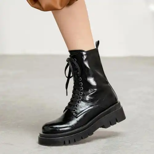 真皮绑带靴子增高圆头短靴复古马丁靴女潮ins酷工装靴厚底机车靴