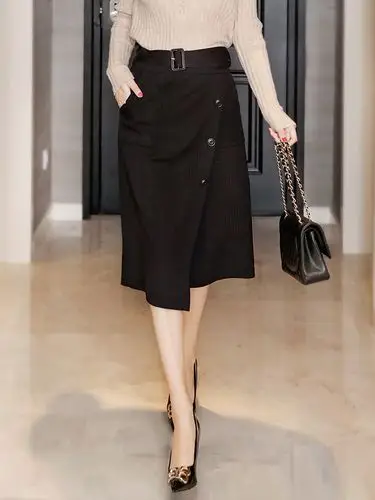 joliment黑色半身裙女高腰 a字秋冬新款不规则中长款配毛衣的裙子