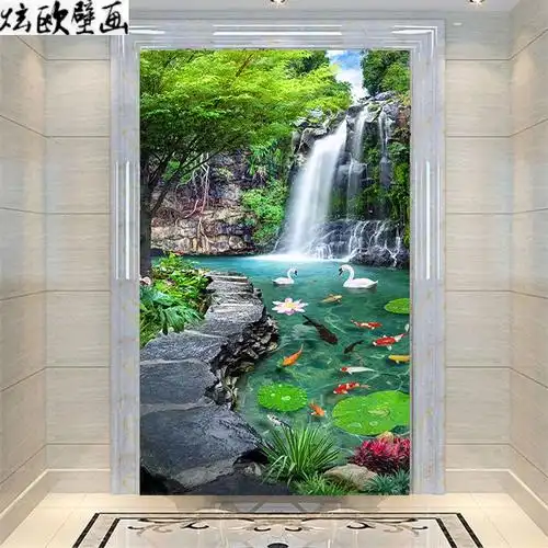 3d玄关背景墙壁纸 瀑布山水风景画壁纸竖版墙纸 走廊过道墙布壁画