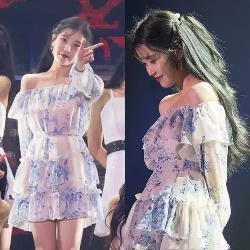 iu李智恩同款衣服明星荷叶边裙子女夏碎花不规则雪纺一字肩连衣裙