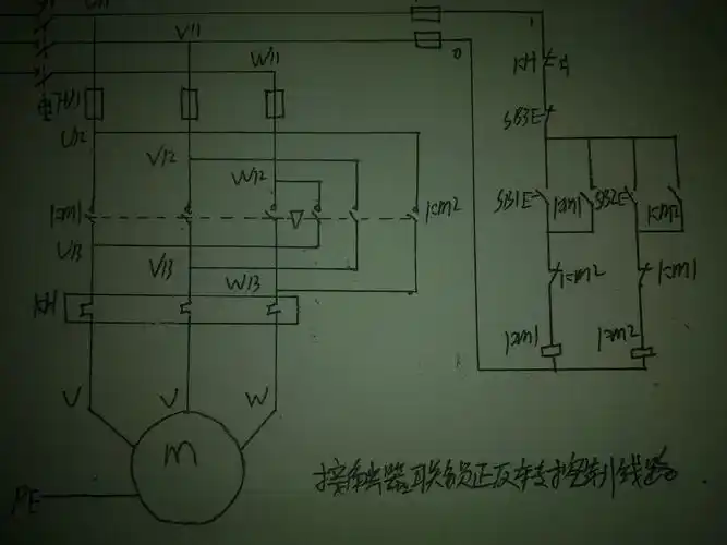 三相异步电机正反转一个急停三个按钮两个交流接触器线路图 不要解析