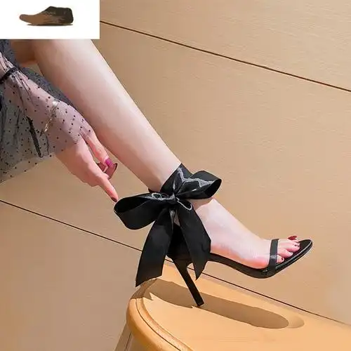 一字带凉鞋女细跟8cm交叉系带性感黑色绸缎礼服绑带法式小高跟鞋7凉鞋