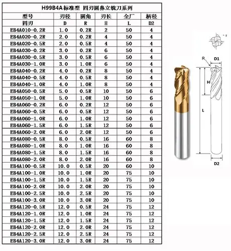 钨钢铣刀 台湾进口超高硬度钨钢圆鼻刀 亿逹yida65°金色涂层钨钢圆鼻