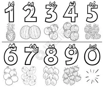 数字1黑白卡通插图显示1至9个教育人数并标有水果食品的彩色书页插画