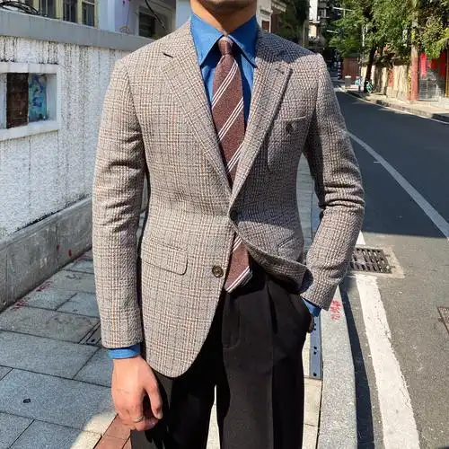 三先生英伦休闲格子加厚羊毛西装外套男士韩版西服