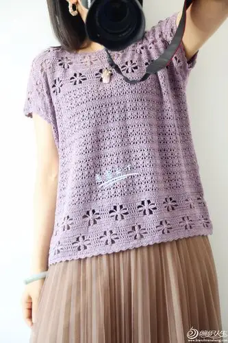 醉花荫宽松显瘦女士钩针短袖套衫