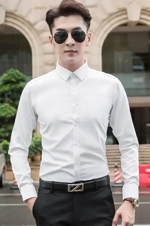 秋季新款白衬衫男士高品质抗皱 韩版修身纯色商务休闲衬衣男寸衫