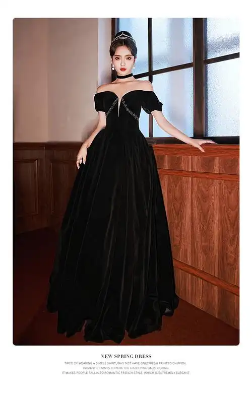 一字肩晚礼服女2022新款赫本风黑色气质年会长裙艺考主持人晚礼服