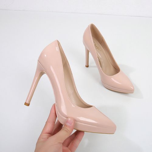 裸色气质单鞋牛漆皮真皮超细高跟鞋小码313233显高防水台厚底女鞋