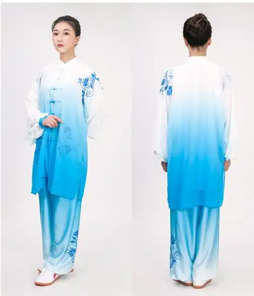 太极服女新款飘逸披纱渐变色刺绣表演比赛练功太极拳服装男白蓝渐变两