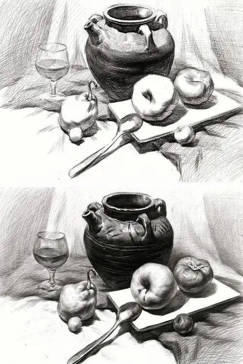 五张组合静物结构素描图片 罐子水果结构素描画