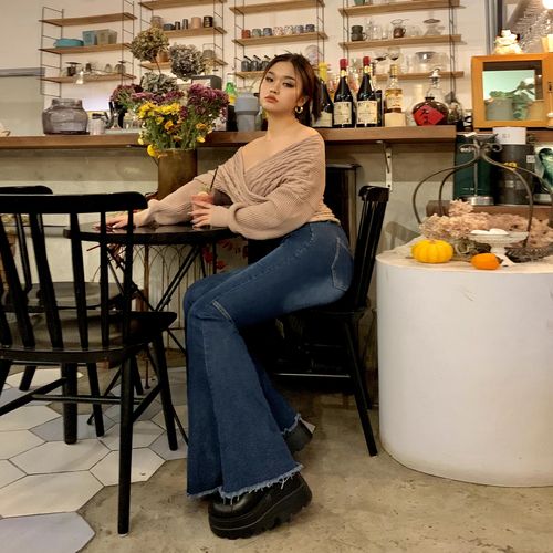 楠哥微胖欧美辣妹喇叭牛仔裤女高高腰大码mm牛仔裤