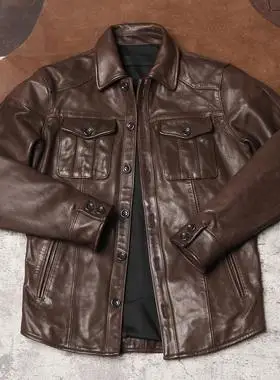 男士衬衫翻领修身复古休闲皮夹克