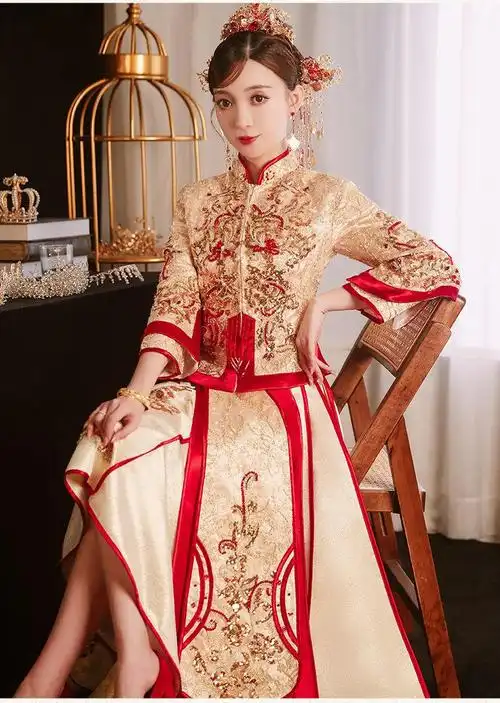 花岚娜高端香槟色秀禾服新娘年新款中式婚纱结婚礼服嫁衣女显瘦金色