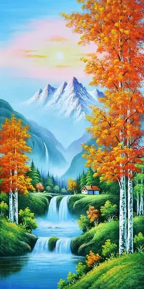 手绘日出高山流水油画玄关