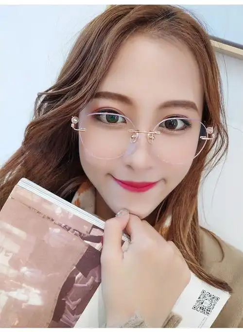 创果无框近视眼镜女钻石切边素颜镜防蓝光辐射抗疲劳平光镜韩版潮网红