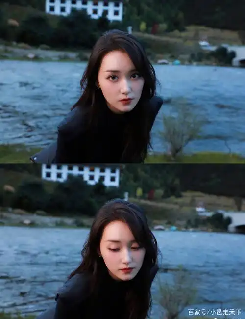 蒋依依黑色风衣户外写真