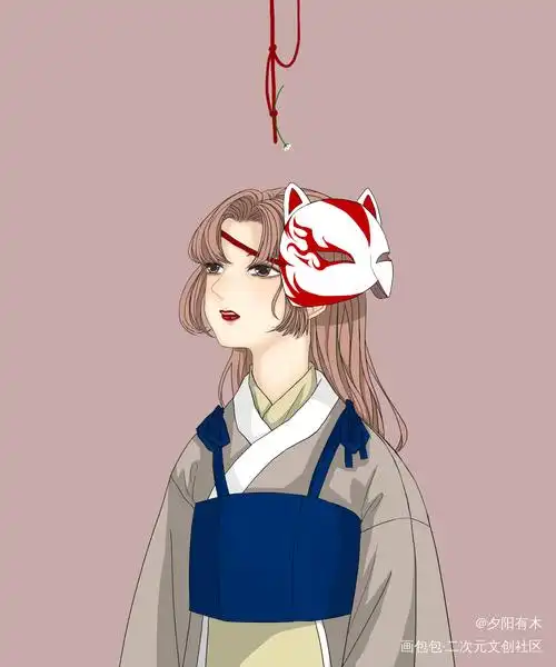 下午好._平涂狐狸面具仰视唯美单人和风半身巫女长发少女原创绘画作品