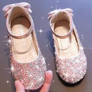 爱莎公主鞋女童水钻皮鞋2022年新款冰雪奇缘水晶鞋表演走秀高跟鞋