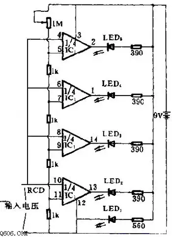 基础电路图 电子入门电路图 ->发光二极管电压测量电路图 本电路用