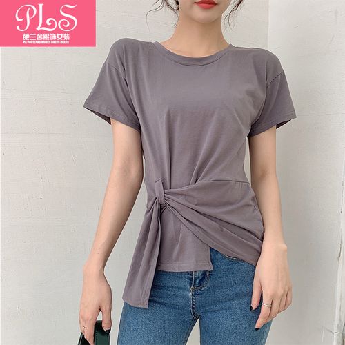 夏粉色圆领宽松大码不规则打结短袖体恤纯白小心机t恤女纯色上衣