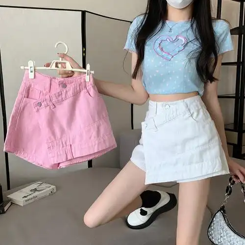 价~粉色高腰牛仔裤女百搭短裤个性裤裙直筒宽松阔腿裤图片