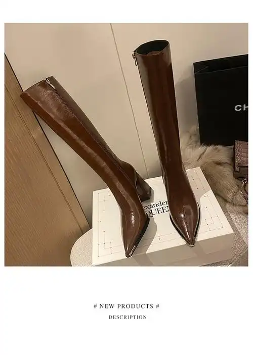 靴女不过膝尖头高跟长靴真皮骑士靴粗跟时尚侧拉链显瘦复古棕色长筒靴