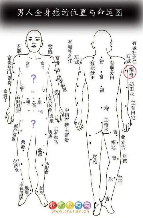 福寿痣:位于右臀部和大腿根部位置,大概是你正好坐在椅子的位置的痣