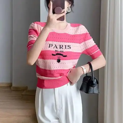 夏季新款粉色刺绣条纹短袖针织衫欧式小衫薄款t恤上衣女镂空冰… - 17
