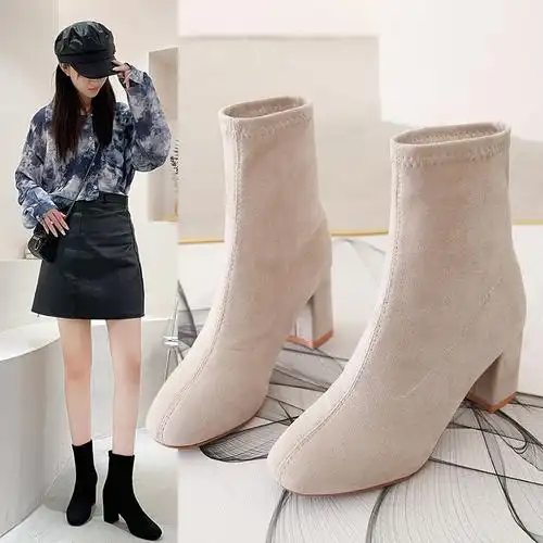 高跟短靴女春秋单靴米色法式瘦瘦靴时装百搭单靴裸靴粗跟白色靴子