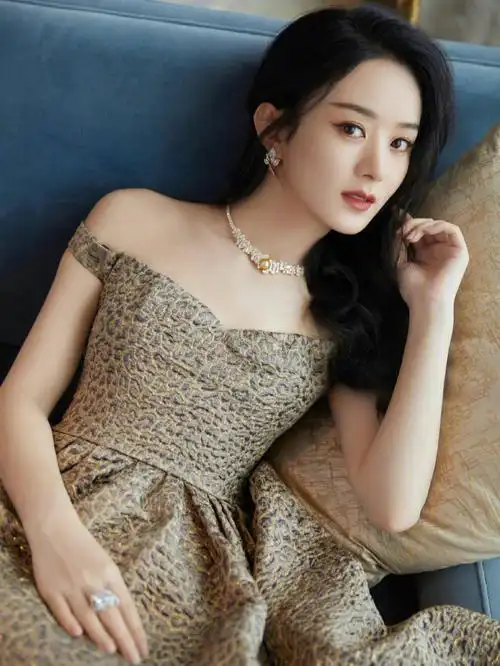 赵丽颖一字肩豹纹抹胸礼服出席活动即优雅