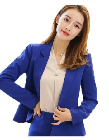 职业套装女长袖西装女士小西装外套修身正装工作服套裤 蓝色上衣 裙 m
