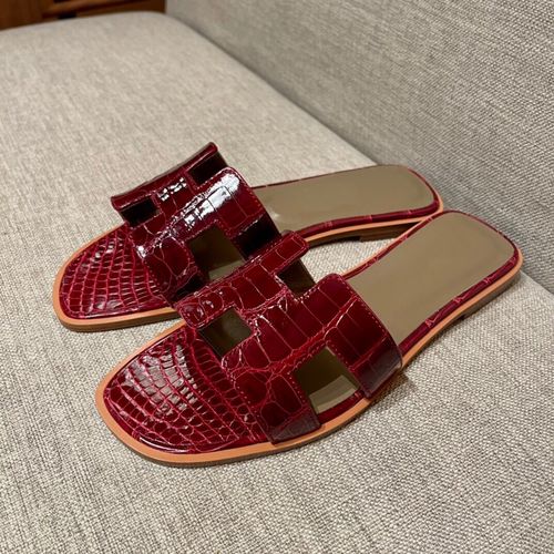 手工定制 平底鳄鱼皮一字拖鞋 夏季时尚外穿拖鞋女凉拖酒红色