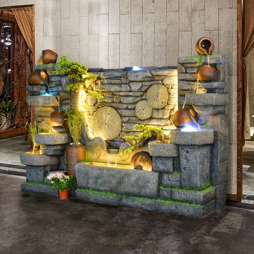 流水瀑布假山石景观水幕墙背景墙造景玄关大厅庭院阳台装饰鱼池