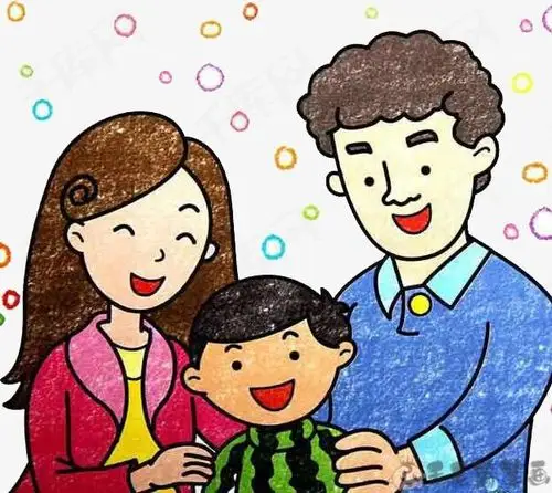 一家三口手拉手儿童画