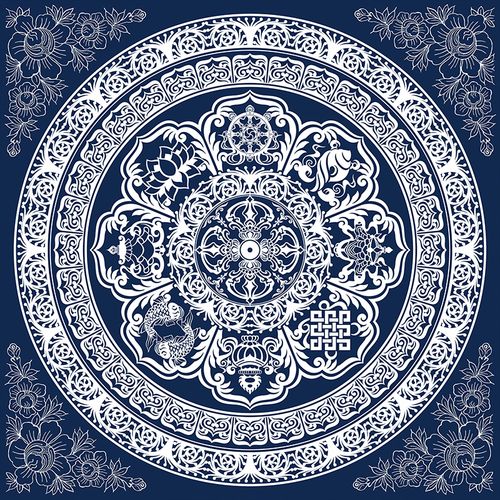 佛教八宝莲花坛城 描金线稿 唐卡西藏手绘diy 涂色 尼泊尔自制diy