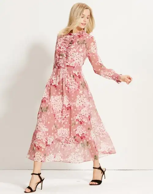 立领粉色桃花雪纺印花连衣裙